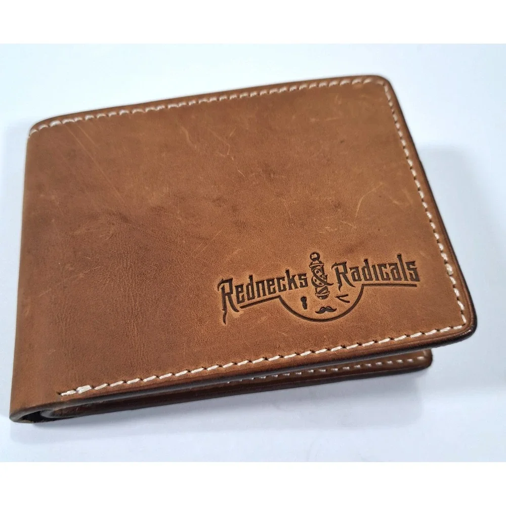 Rednecks‎ & Radicals Mens Brown Distressed Leather Bifold Wallet Barber Logo